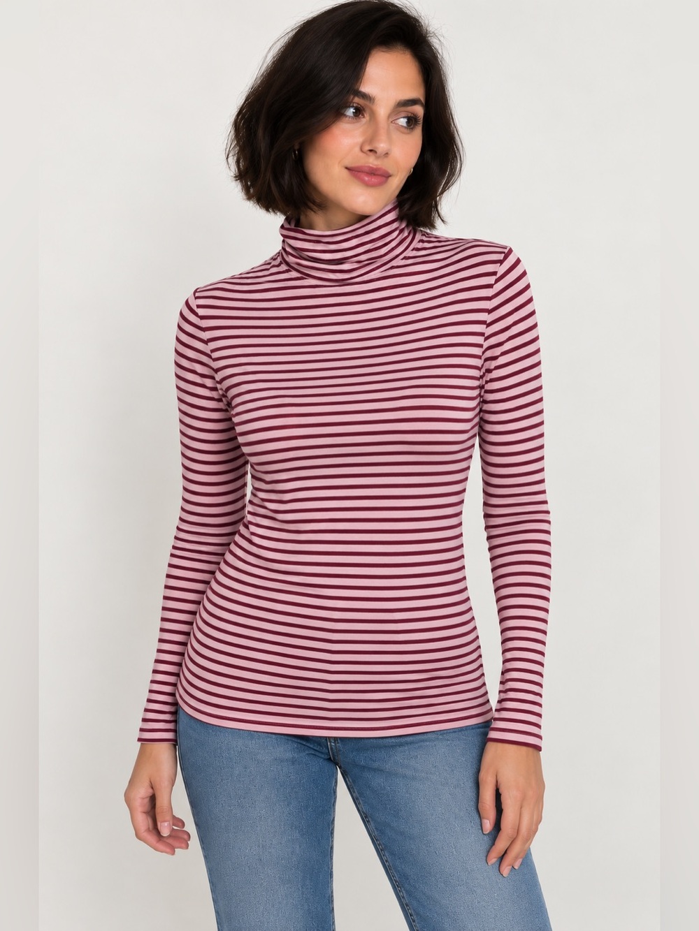NEW White Stag Women’s M 8-10 Pink Burgundy Metallic Stripe Turtleneck Top